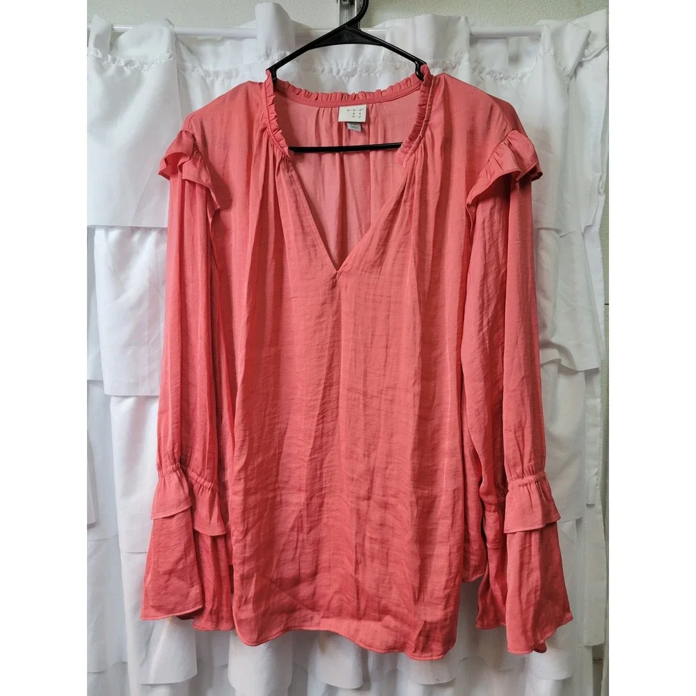A New Day Coral Pink Ruffle V-Neck Long Sleeve Blouse XXL Satin Sheen Top 1929